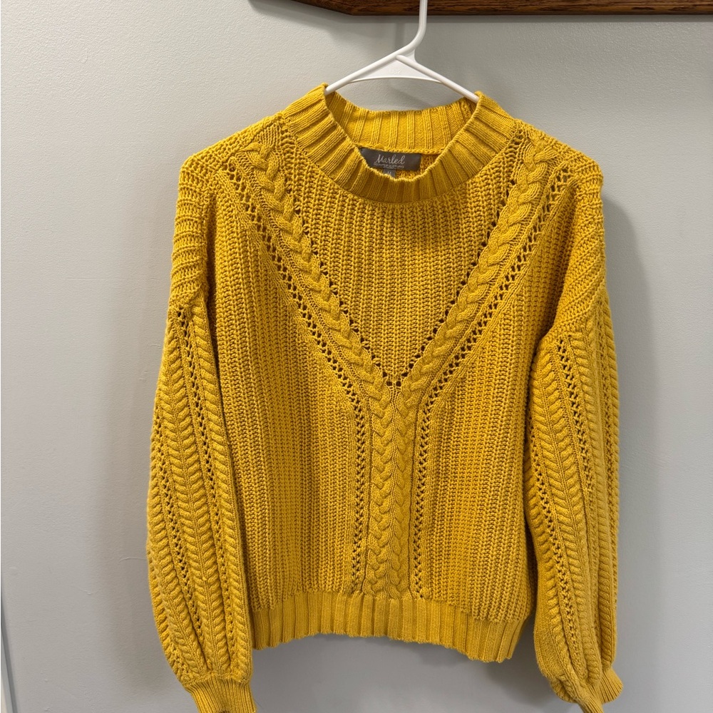 Marled Yellow Crew Neck Sweater with Cable Knit